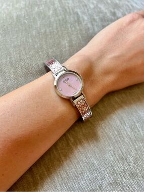 Coach Signature Monogram y2k Silver Bangle Clasp Watch with Pink Quartz Face